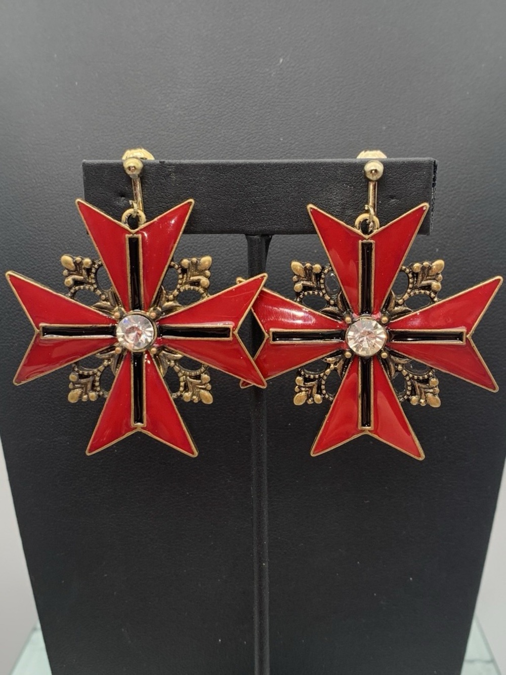 Antiqued gold tone Red Enamel Maltese Cross clip on Earrings Vintage-Inspired